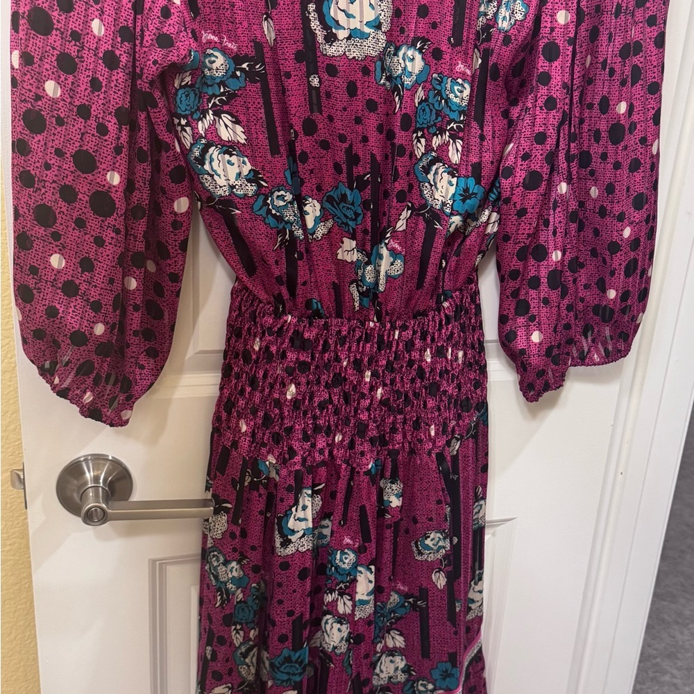 Pink and Blue Casual Midi Dress with Bishop Sleeves